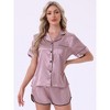 cheibear Women's 2 Pcs Satin Silky Short Sleeve Button Down Loungewear Shorts Pajamas Set - 3 of 4