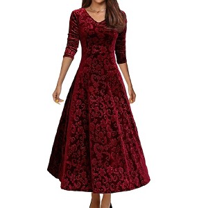 Women's Velvet Midi Dresses Solid Color V Neck Long Sleeve A Line Dresses High Waist Semi Formal Floral Cocktail Dresses - 1 of 4