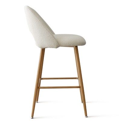 Beige Boucle Upholstered Counter Stools with Oak Metal Legs, Set of 2