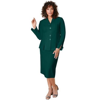 Petite Plus Size Women's Plus Size Long Sleeve Shawl-Collar Jacket & Sheath Skirt Set - 2-Piece Suit by Roaman's in Emerald Green (Size 16 W)