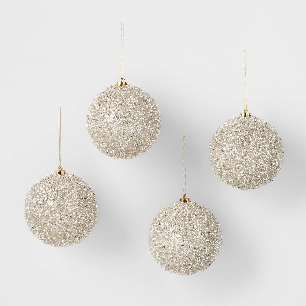 4pk Tinsel Round Christmas Tree Ornament Champagne - Wondershop