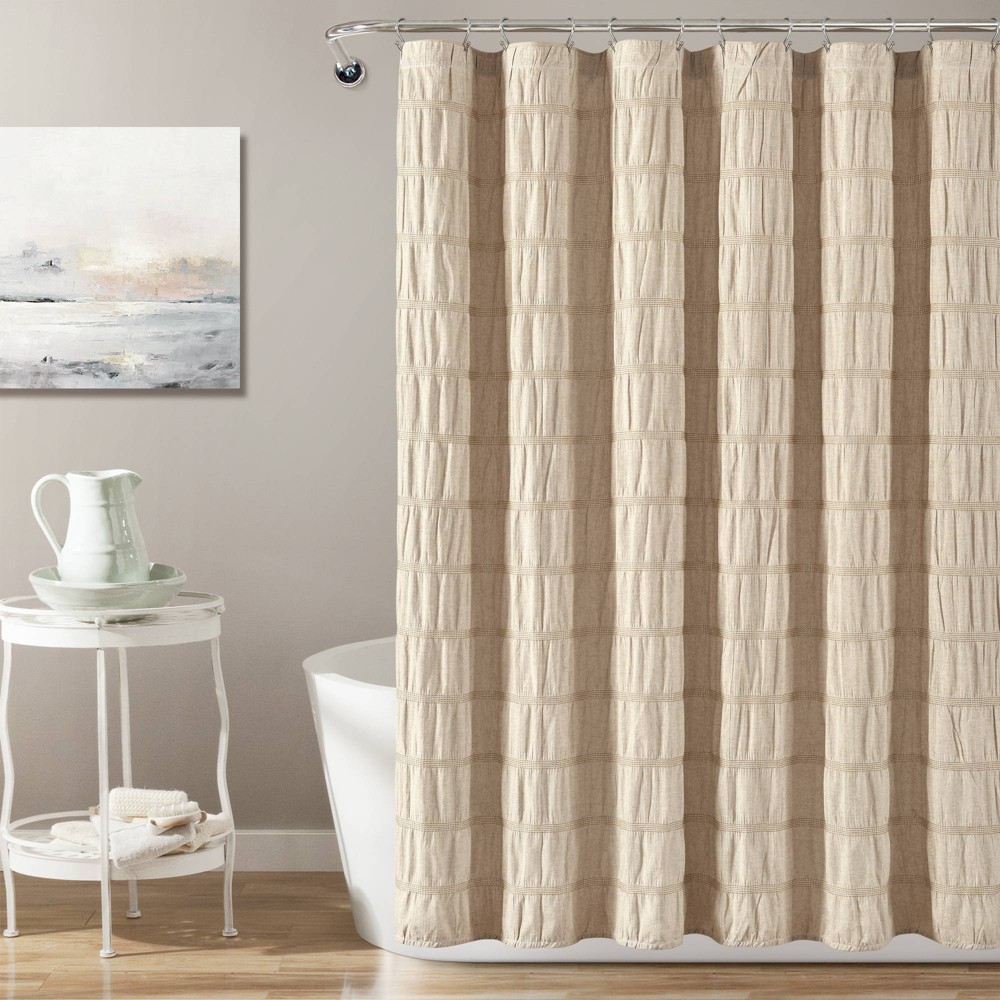 Photos - Shower Curtain Waffle Striped Woven Cotton  Beige - Lush Décor: Recycled Cotton & Polyester, 72x72, Buttonhole Top