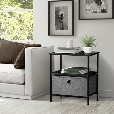 Black Steel Frame Nightstand with Wood Top and Fabric Drawer