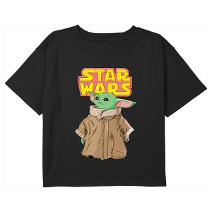 Girl's Star Wars: The Mandalorian Grogu Retro Logo Stance Crop T-Shirt - 1 of 3