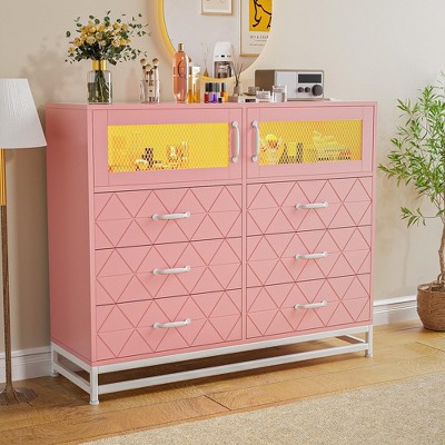 6 Drawer Dresser for Bedroom with LED Lights and Charging Station, Wooden Double Dresser with 2 Shelves & Mental Grid Handle