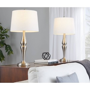LumiSource (Set of 2) Sawyer 30" Contemporary Table Lamps Brushed Nickel and White Linen - 1 of 4