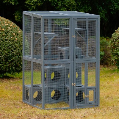 LAOTIES Large Outdoor Wooden Catio,Weatherproof Cat House With Tall Door Cat Shelves And Removable Pine Wood Boxes For Play And Rest,Gray