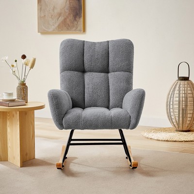 Teddy/Velvet Rocking Chair, Upholstered Accent Glider Chair with Side Pocket and Wood Legs, 4W-ModernLuxe