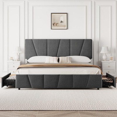 Twin Size Bed Frame with Adjustable Headboard and 2 Storage Drawers, Velvet Upholstered Tufted Platform Bed Frames with Wooden Slats Support, Beige