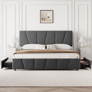 Twin Size Bed Frame with Adjustable Headboard and 2 Storage Drawers, Velvet Upholstered Tufted Platform Bed Frames with Wooden Slats Support, Beige - 1 of 4