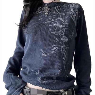 Clotth Women Y2k Fairy Grunge Shirt Vintage Graphic Print Long Sleeve Tee Tops  Gothic Slim Fit Teen Girls Aesthetic Clothes Streetwear, Dark Blue