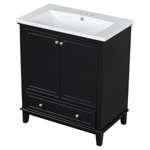 Vynxaria 30" Black Bathroom Storage Cabinet with Sink and Multi-functional Features - 1 of 4
