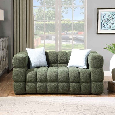 62.2 Inch Boucle Sofa with Pillows, 2-Seater Sofa with Split Back and Square Arms, Medium-Soft Marshmallow Sofa with Wood Frame-Coolbibila