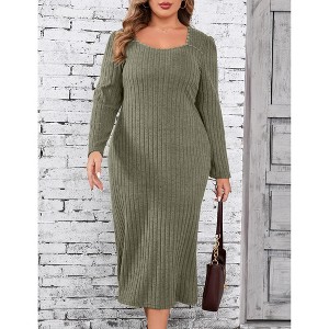 Women's Plus Size Sweater Dress Square Neck Long Sleeve Casual Fall Winter Tunic Knit Midi Dress - 1 of 4