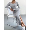 Women's Round Neck Slim Fit Ribbed Maxi Dress Long Sleeve Bodycon Side Slit Dress - 4 of 4