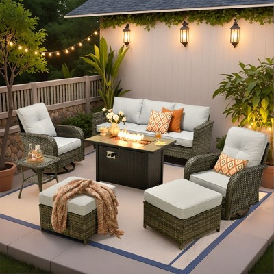 XIZZI Outdoor Rattan Sectional Sofa Set, Modular Patio Lounge Set w/ Swivel Chairs, Side Table & Optional 3-Seat Sofa/Ottomans/Firepit/Coffee Table
