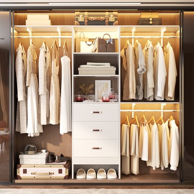 Besiost 96-In Closet Organizer with Wood Drawers, Closet System with Hanging Rods and Storage Shelves