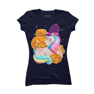 Junior's Design By Humans Cute Unicorn With Jack O Lantern Halloween T Shirt By thebeardstudio T-Shirt