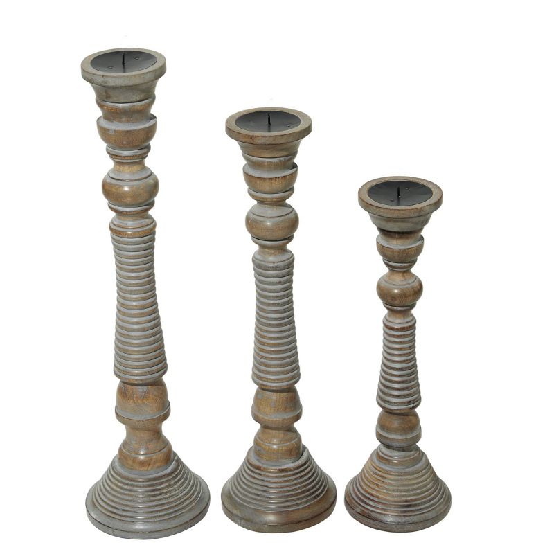 Set of 3 Traditional Style Turned Column Wood Candle Holders Gray - Olivia &#38; May, 5 of 8