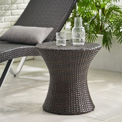 CAVINAS Modern Hourglass Outdoor Patio Side Table, Wicker Outdoor Accent Table, PE Rattan Outdoor Table, Waterproofing Round Outdoor End Table