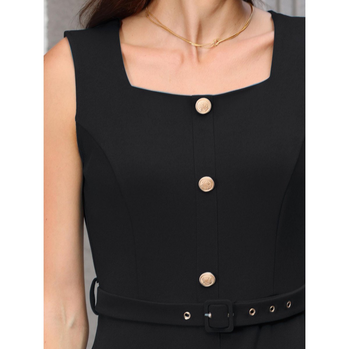 Женские платья INSPIRE CHIC Women's Office Sleeveless Square Neck Button Work Belted Bodycon Pencil Dresses Small Black — фото 4