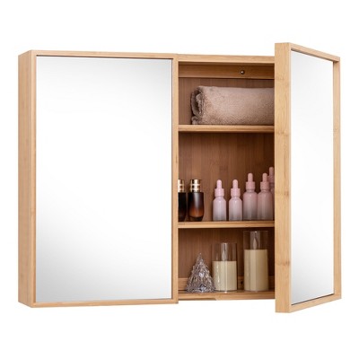 Tangkula Double Door Medicine Cabinet w/ Mirror 2 Adjustable Cabinet Shelves Natural