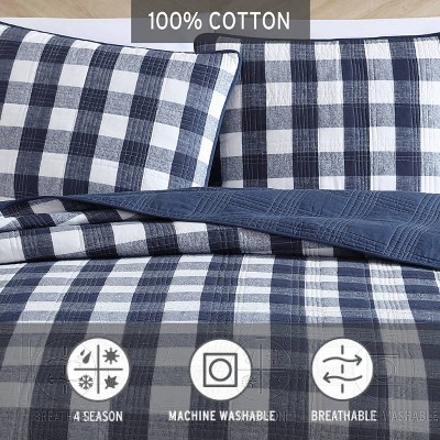 Twin White and Indigo Cotton Reversible Plaid Quilt Set