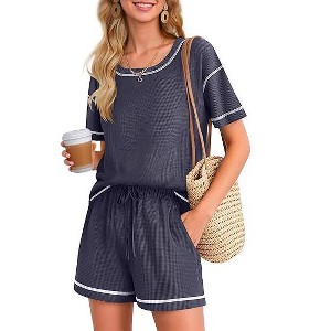 Ekouaer Women's Waffle Knit Two Piece Lounge Set, Soft Matching Outfits for Daily Wear, Casual Shorts Set with Pocket - 1 of 4
