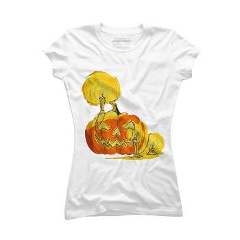 Junior's Design By Humans Halloween Pumpkin with Candle and Evil Smile By wubbadub T-Shirt