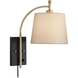 360 Lighting Chester Modern Swing Arm Wall Lamp Brass Black Plug-in Light Fixture Tan Drum Shade for Bedroom Bedside Living Room Reading Home House - 1 of 4