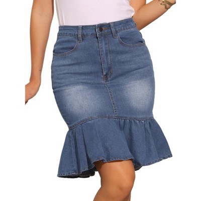 INSPIRE CHIC Women's High Waist Ruffled Hem Bodycon Fishtails Denim Midi Skirt