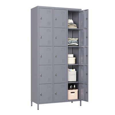 Munora - 72" 15-Door Metal Locker Storage Cabinet - Lockable for Office/School/Gym - Grey