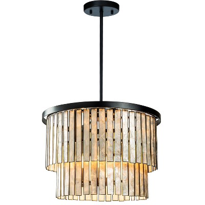 ALOADECOR Matte Black Coastal Natural Capiz Round Chandelier 5-Light Modern Pendant Fixture for Living Room and Dining Room