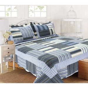 J&V TEXTILES King Reversible Printed Quilt Set Bed Blankets Gray/Cream/Blue - 1 of 2