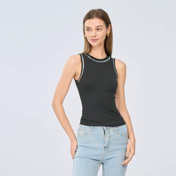 Women's Sequin Trim Fitted Tank Top - Cupshe-L-Black
