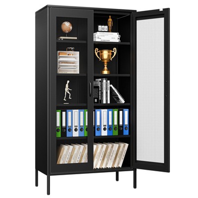 Rbied 73 in. H Black Metal File Cabinet Display Cabinet Cutlery Cabinet with Adjustable Shelves and Mesh Doors