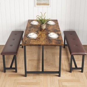 3-Piece Dining Table Set for 4 People, Kitchen Table with 2 Upholstered Benches - 1 of 4