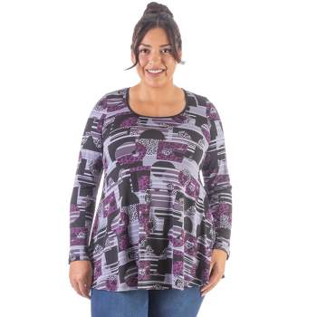 24seven Comfort Apparel Womens Purple Print Scoop Neck Long Sleeve Plus Size Tunic Top