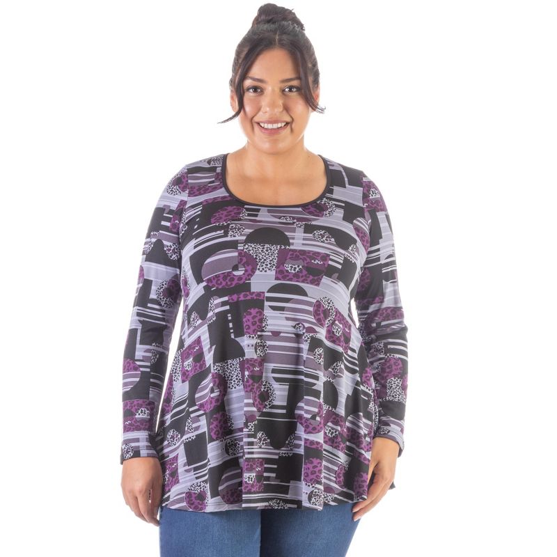 24seven Comfort Apparel Womens Purple Print Scoop Neck Long Sleeve Plus Size Tunic Top, 1 of 5