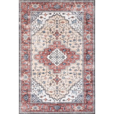 Rustic Red 5' x 8' Transitional Medallion Washable Rug