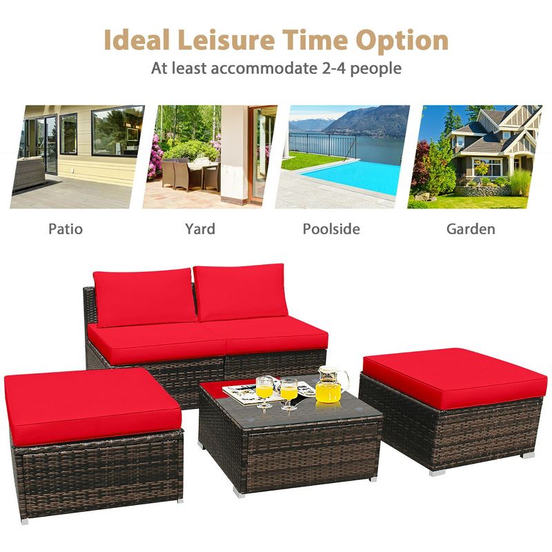 Costway 5PCS Patio Rattan Wicker Furniture Set Armless Sofa Cushioned Red/Turquoise, 4 of 13