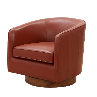 CAVINAS Leather Barrel Swivel Chair with Curved Backrest and Wood Base,Upholstered Swivel Living Room Chairs,Reading Chairs for Living Room