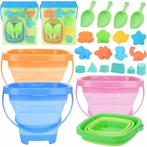 4 Packs Foldable Beach Buckets Set, Collapsible Bucket with Shovels Mesh Bag, Silicone Sand Pails for Beach, Camping - 1 of 4