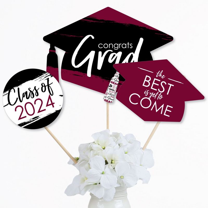 Big Dot of Happiness Maroon 2024 Graduation Party Centerpiece Sticks - Table Toppers - Set of 15, 3 of 9