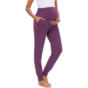 Clearlove Women's Maternity Joggers Over Bump Stretchy Sweatpants Workout Sports Lounge Pregnancy Pants with Pockets,Purple,L - 1 of 4