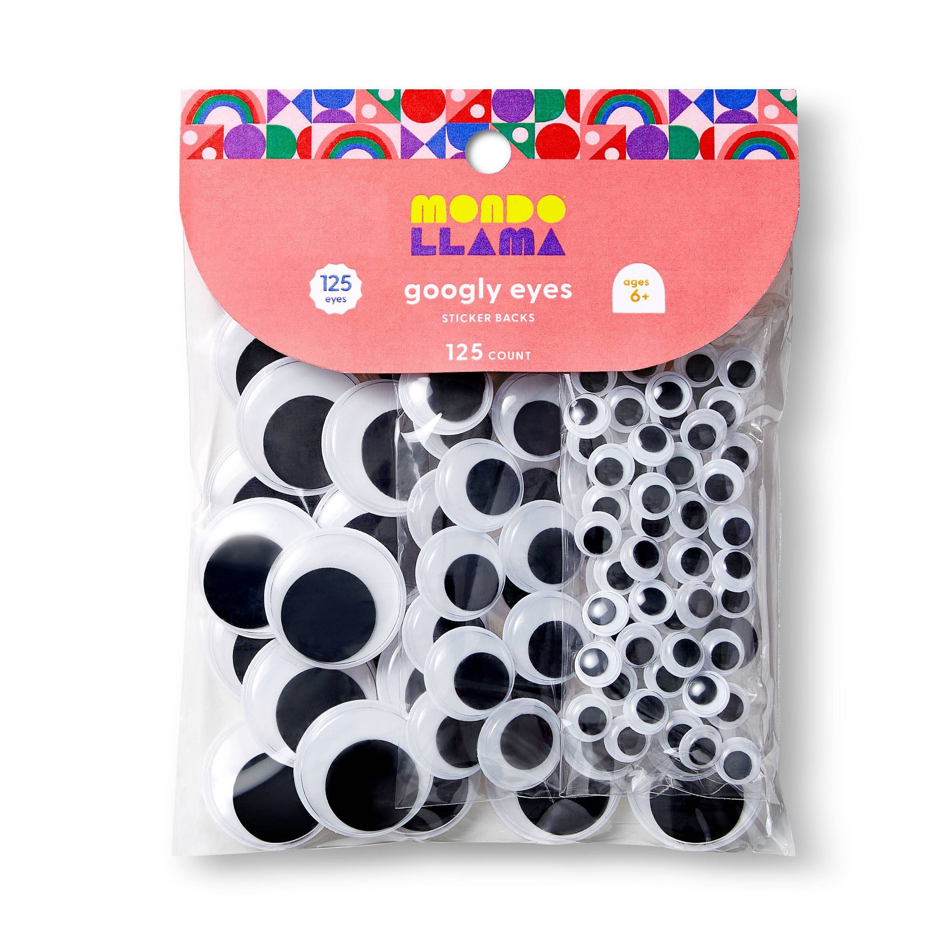 125ct Googly Eyes with Sticker Back Black - Mondo Llama™: Craft Embellishments, Wiggle Eye Stickers, Multicolor PVC