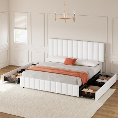 White Faux Leather Queen Bed Frame with Storage Drawers and Adjustable Headboard