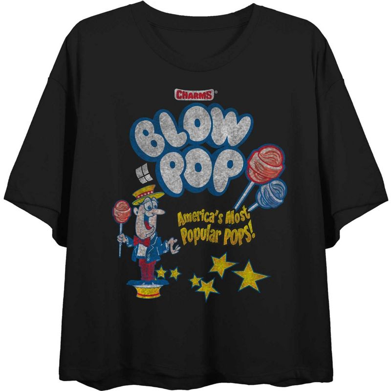 Charms Blow Pop America's Most Popular Pops Juniors Black Crop Top T-shirt, 1 of 2
