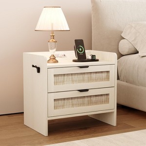 Rattan Nightstand, Bedside Table with 2 Storage Drawer Space, Boho End Table Side Table for Bedroom Living Room Office, Large Night Stand - 1 of 4