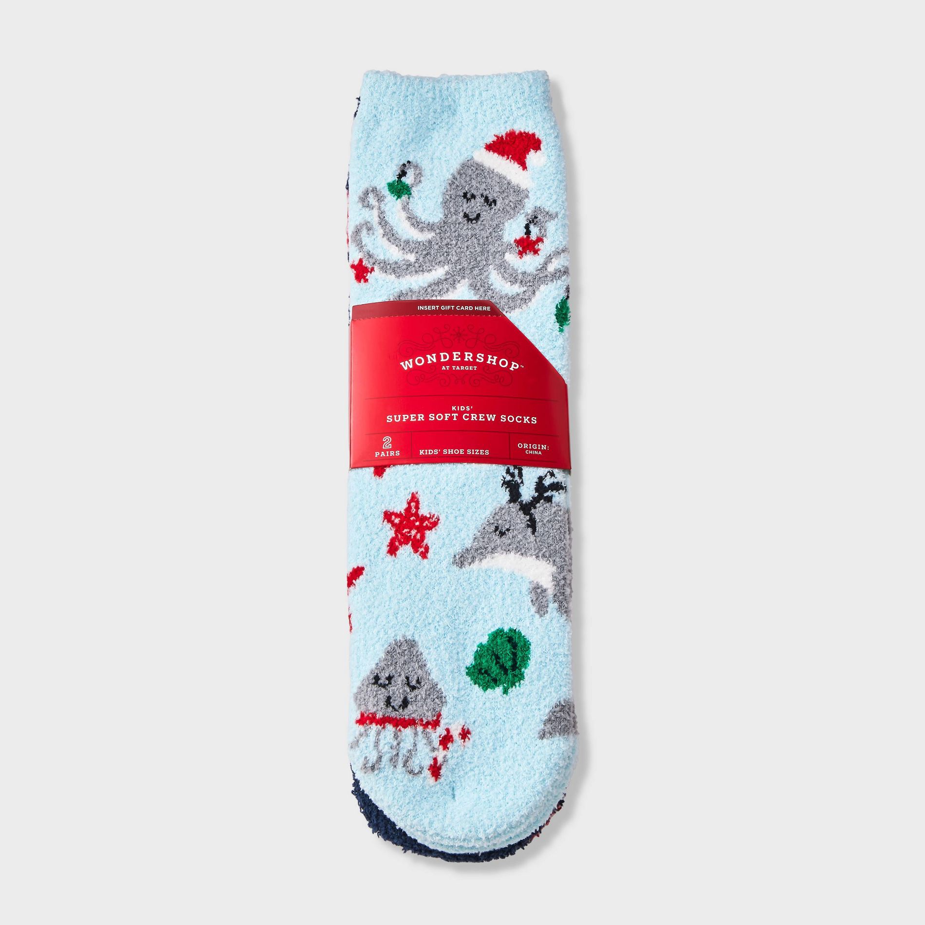 Kids' 2pk Christmas Sea Life Animals & Candy Canes Cozy Crew Socks with Gift Card Holder - Wondershop™ Light Blue